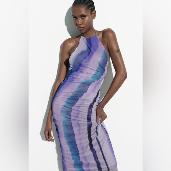 Zara Printed Tulle Mesh Halter Top Open Back Bodycon Midi Dress - Picture 2 of 15